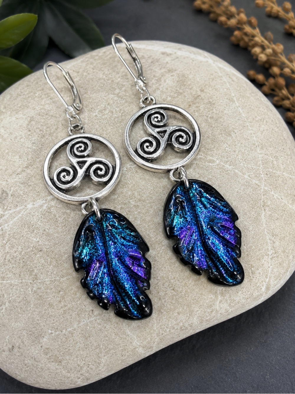 Celtic Triskelion Leaf Earrings | Iridescent Glass Dangles | Premium Leverbacks - Picture 5 of 9